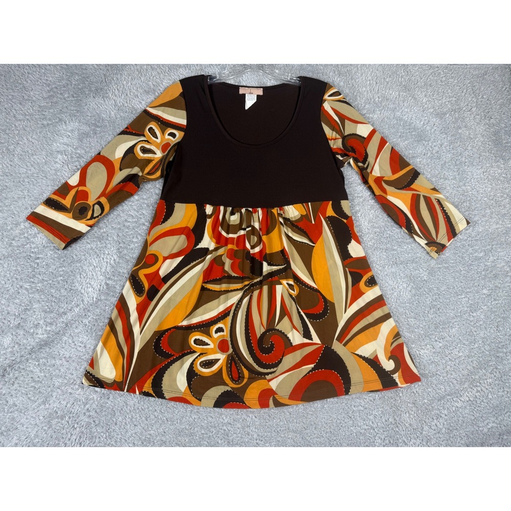 obe Tunic Top Womens Large Brown Multi Excellent Psychedelic Floral 3/4 Sleeve